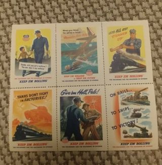 Sheet Of 6 Wwii Cinderella Poster Stamps Union Pacific Keep Em Rolling