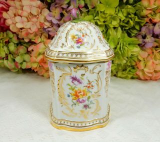 Antique Dresden Porcelain Biscuit Jar Hand Painted Dresden Flowers Gold