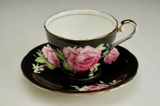 Vintage Aynsley 1920 Black Pink Cabbage Rose Tea Cup & Saucer Fine Bone China