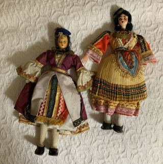 2 - Greek Dolls Colorful National Costume Folk Art Dancer 11” Tall