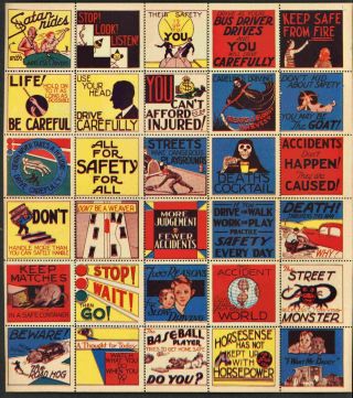 1930s Insurance Company Safety Poster Stamps (sheet Of 30)