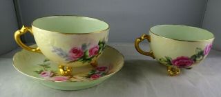 Haviland France Antique Porcelain Footed Cup & Saucer Set Large Roses Gold Trim