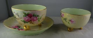 Haviland France Antique Porcelain Footed Cup & Saucer Set Large Roses Gold Trim 3
