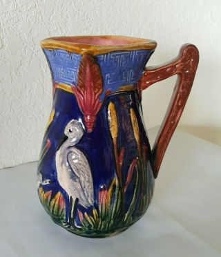Vintage Made In England Majolica Pitcher Crane Heron Bird 8 - 1/4 " Tall