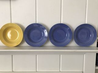Set Of 4 Vintage Homer Laughlin Harlequin Rimmed Soup Bowls Mauve Blue Yellow