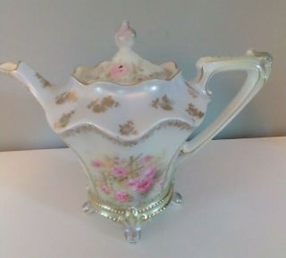 Antique Rs Prussia Green And Pink Hand Painted Footed Tea Pot.  Gold Gilding.