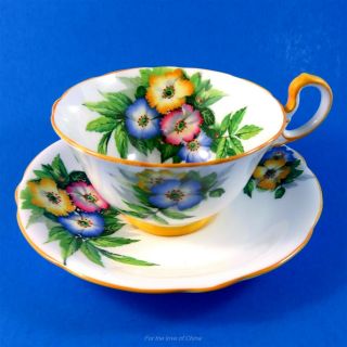Hand - Painted Blue,  Yellow,  Pink Floral Bouquet Aynsley Tea Cup And Saucer Set