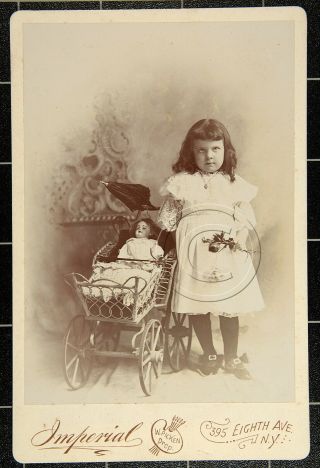 Cabinet Card Of Young Girl With Her Doll And Carriage By W.  Picken,  Ny Ex.  Cond