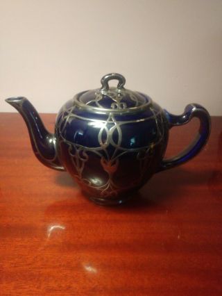 Lenox Belleek Tea Pot,  Cobalt Blue With Sterling Silver Overlay