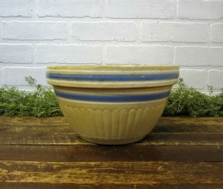 Antique Usa Pottery Large 10.  5 " Yellow Ware Bowl Blue White Stripes Farmhouse