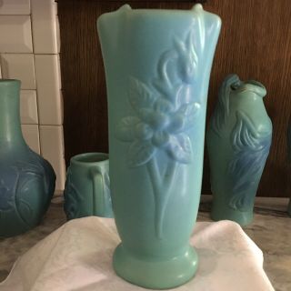 Graceful Van Briggle Art Pottery Tall Columbine Vase Ming Blue 9 Tall 4 Wide