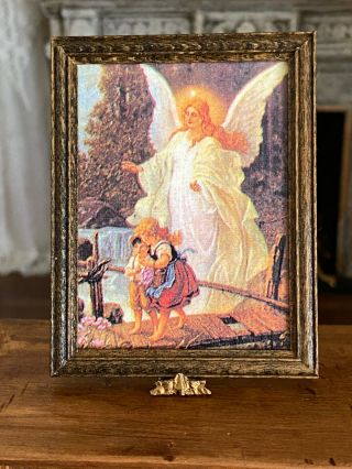 Vintage Miniature Dollhouse Framed Textured Print Kids Guardian Angel Wall Art