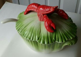 Vintage Otagiri Cabbage Leaf Punch Soup Bowl Tureen Lobster With Ladle