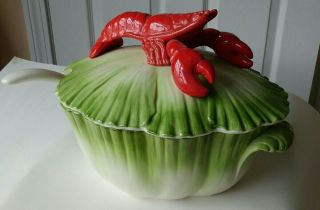 Vintage Otagiri Cabbage Leaf Punch Soup Bowl Tureen Lobster with Ladle 2