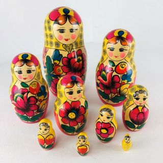 9 Piece Wood Russian Matryoshka Nesting Dolls Hand Painted Decor Pink 8.  5”