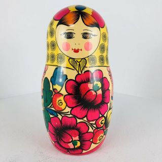 9 Piece Wood Russian Matryoshka Nesting Dolls Hand Painted Decor Pink 8.  5” 2