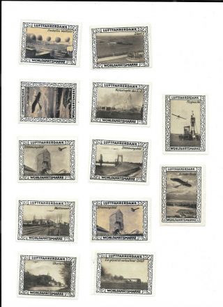 Poster Stamp Label Set Of 12 Different Luftfahrerdank Wohlfahrtsmarke Airplanes