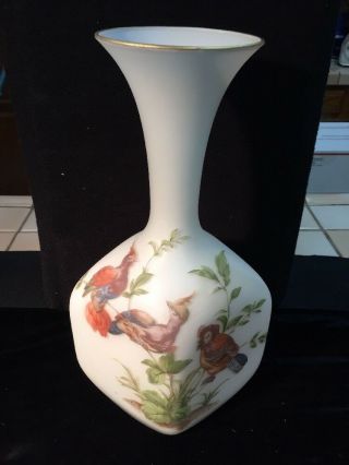 Frosted White Satin Vase Norleans Italy W/ Gorgeous Birds Handpainted 13 " Large