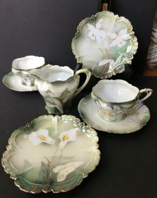 Royal Nurnberg Tea Set Hand - Painted China 2 Teacups 2 Saucers 2 Plates 1 Creamer
