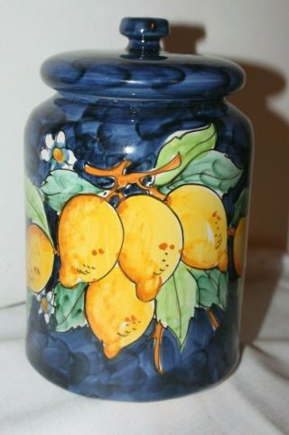 Vintage Vietri Art Pottery Lidded Blue Ceramic Lemons Cannister Cookie Jar Italy
