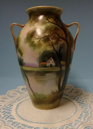 Nippon Hand - Painted 8.  25 " Double Handle Vase W.  Lake Scene,  Morimura Bros.
