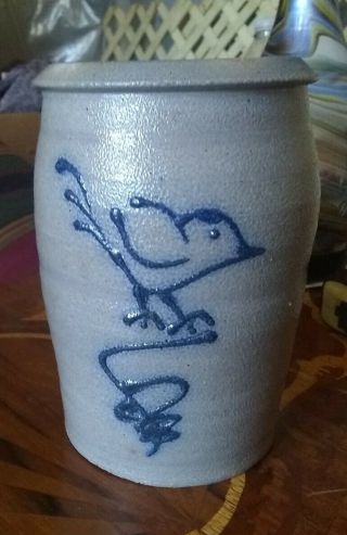 Vtg Westmoore Salt Glaze Gray Pottery Cobalt Blue Bird Crock Jug Vase
