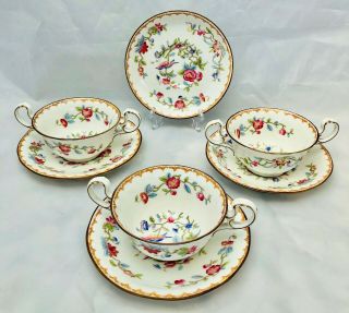 Set Of 3 Cream Soup Bowl Cup & Saucer Set “pembroke” Double Handle By Aynsley