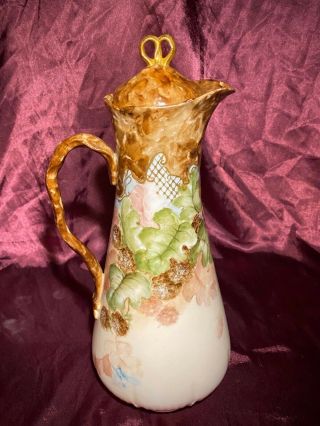 Antique Jean Pouyat Limoges Chocolate Pot With Hand Painted Berries
