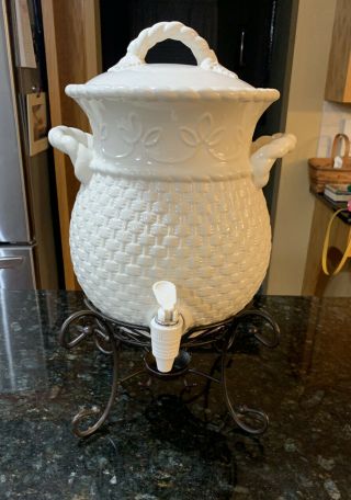 Home & Garden Party Veranda Stoneware Basket Weave Beverage Dispenser Euc