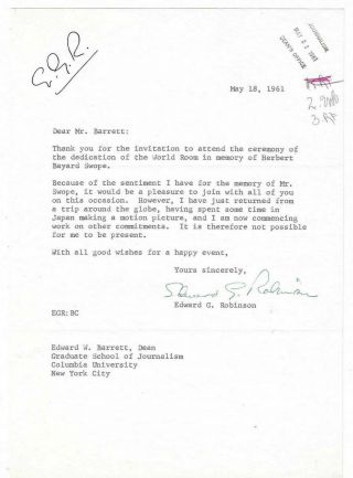 Edward G.  Robinson Signed Letter 1961 / Autographed Actor