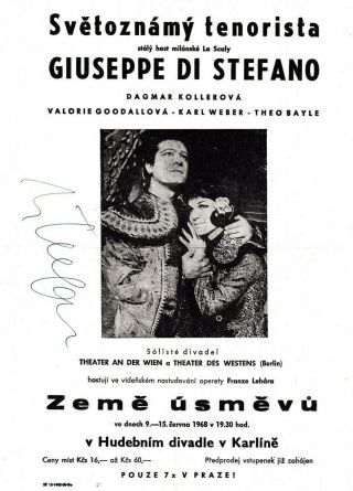 Giuseppe Di Stefano Opera Tenor Autographed Prague Operetta Broadside,  1968