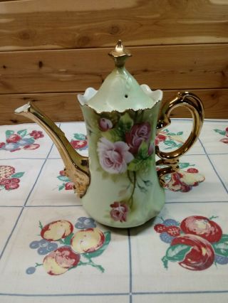 Vtg Lefton Green Heritage Rose Tea Pot 3065
