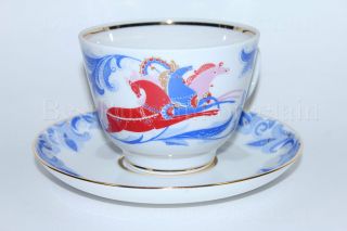 Russian Imperial Lomonosov Porcelain Tea Cup & Saucer Winter,  Troika Three Horse