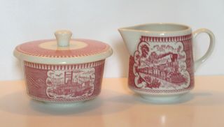 Royal China Currier And Ives Pink Tall Creamer And Sugar Bowl W/ Overlapping Lid