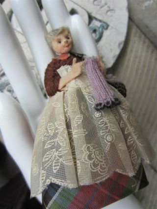 Vintage Dollhouse Miniature Handmade 4 " Knitting Woman Lady Crochet Fabric Felt