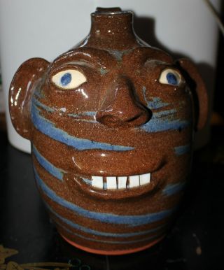 Nc Pottery Face Jug Vale Dale Costner Blue Brown Swirl Stripe Catawba Valley