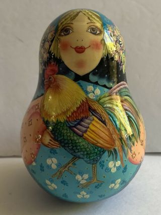 Russian Doll Matryoshka Signed Roly Poly Bell Rattle Hand Painted Rooster Signed