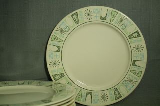 Vintage Taylorstone Cathay 10 1/2 " Dinner Plates Set Of 8 Atomic Age Blue Green