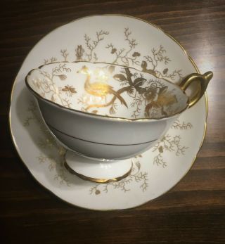 Coalport Bone China Tea Cup And Saucer Gold Pattern On White Cairo Elegant Vtg