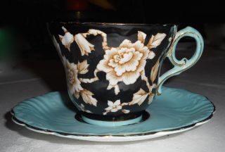 Vintage Paragon China Art Deco Black/turquoise Wild Roses Tea Cup & Saucer