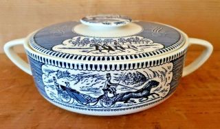 Vintage Currier And Ives Covered Casserole Vegetable Dish Carriage Scene Perfect