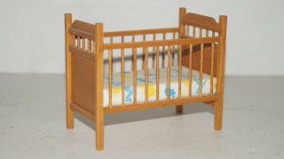 Vintage Wood Dollhouse Bedroom Baby Crib Furniture 3.  9 " Tall By 4.  5 " Wide -