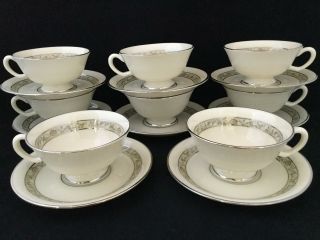 Set Of 8 Lenox Springdale Platinum Trim Tea Cups & Saucers - Ships