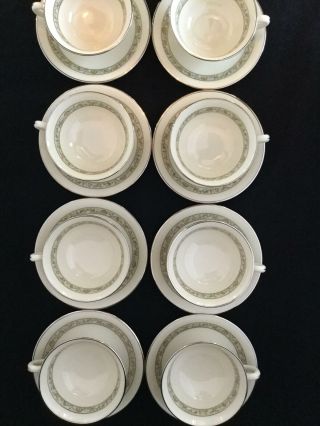 Set of 8 Lenox SPRINGDALE Platinum Trim TEA CUPS & SAUCERS - SHIPS 2