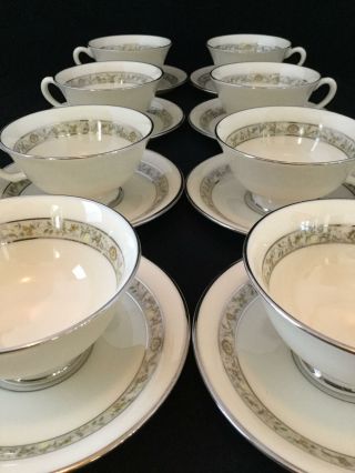 Set of 8 Lenox SPRINGDALE Platinum Trim TEA CUPS & SAUCERS - SHIPS 3
