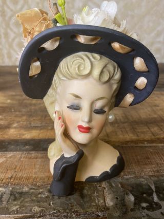 Vintage Ceramic Head Vase Lady In Black Dress Black Hat Napco Ware Japan Planter