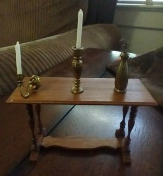 Vintage Miniature Dollhouse Wooden Table,  Brass Candle Holder X 2 And Brass.