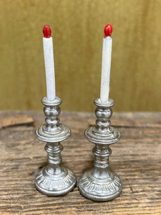 Vintage Miniature Dollhouse Pair Silver Plated Pewter Candlestick Holders 1980 