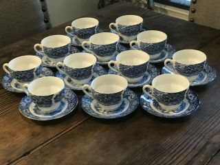 Set Of 12 Liberty Blue Staffordshire England Cups & Saucers " Old North Church "