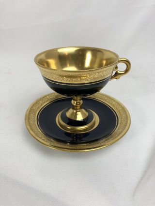 Vintage Limoges France Cobalt Blue & Gold Tall Tea Cup And Saucer